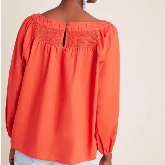 SOLD-Anthropologie Smocked Embroidered Coral Red Peasant Blouse - Picture 4 of 9